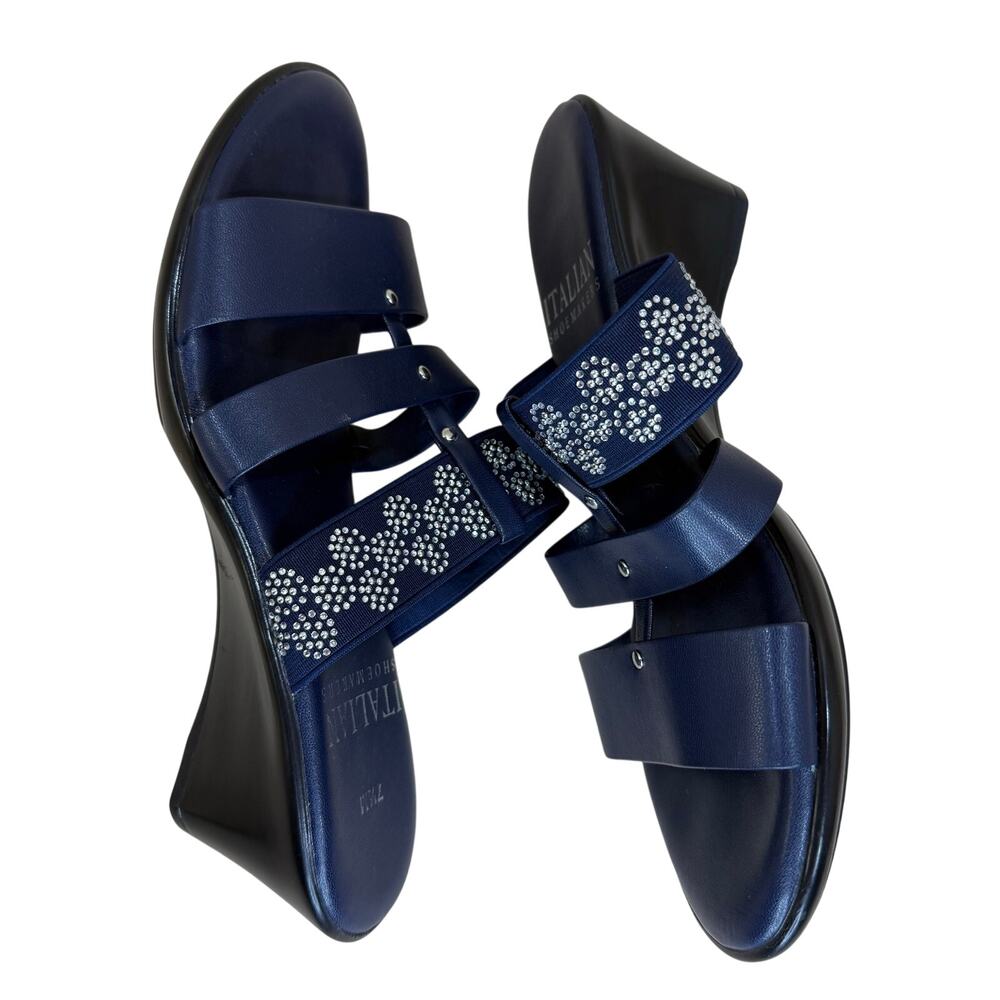 Italian Shoemakers Wedge Sandals Women’s 7.5 Navy Blue Rhinestone Slide On